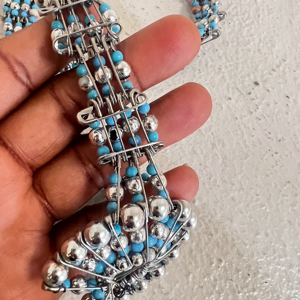 1970's Silvertone Turquoise Safety Pin Necklace & Earring Set Southwestern‎ - Picture 6 of 12